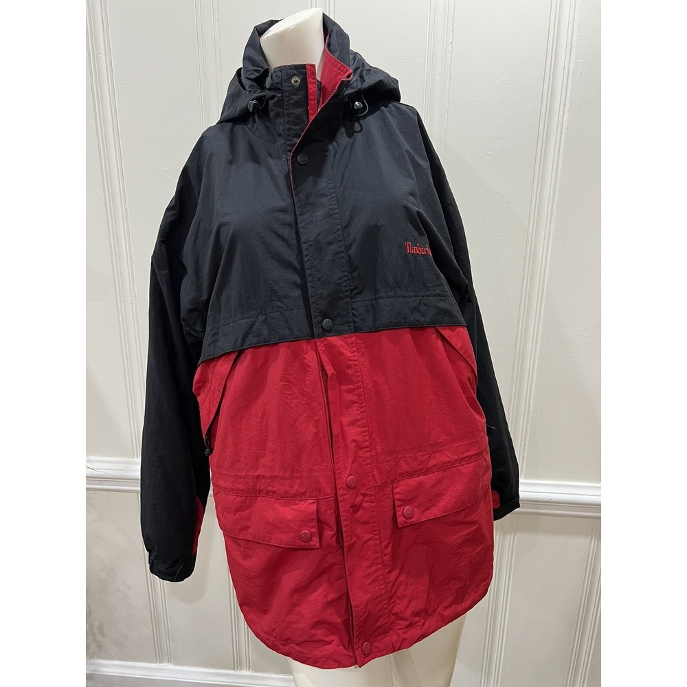 Timberland Weathergear Mens Large Red Black Hooded Rain Jacket Windbreaker